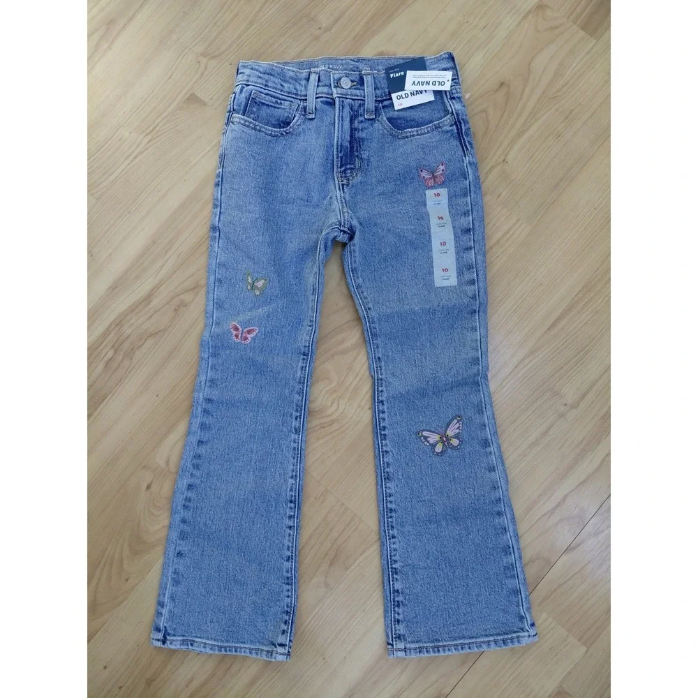 NWT High Rise Flare Old Navy Light Wash Denim Butterflies Girls 10 Adj Waist